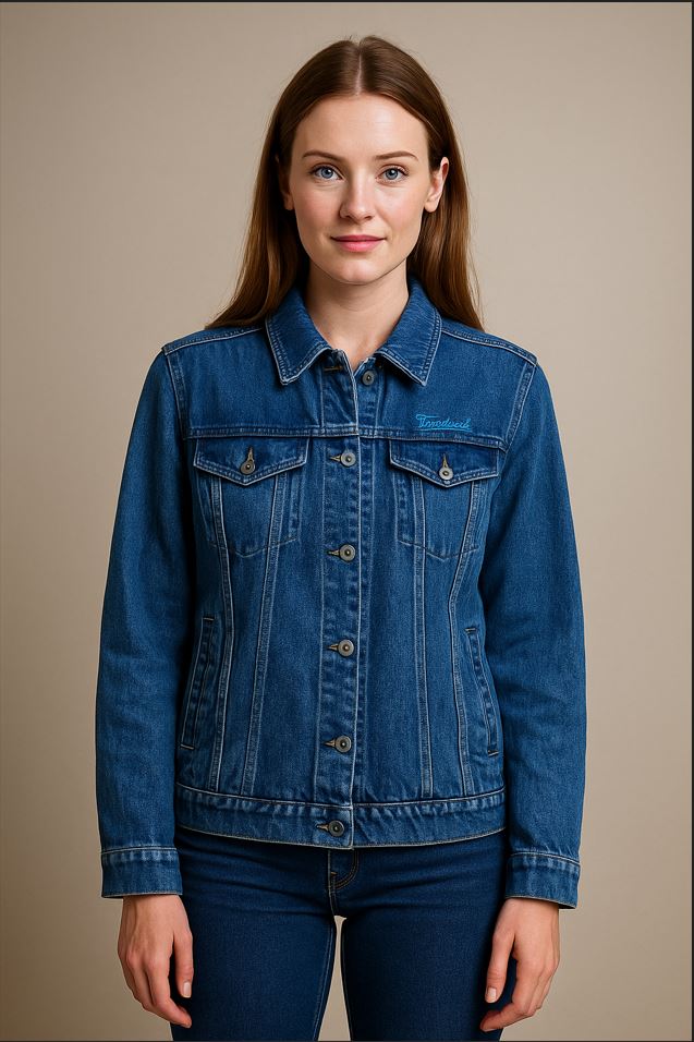 Ladies denim jacket with custom logo embroidery for casual staff uniform
